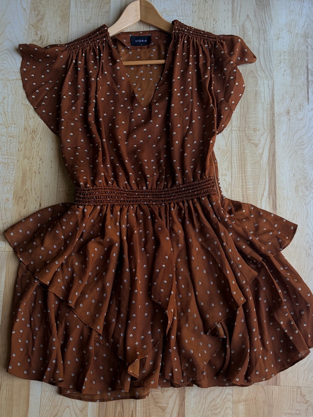 Storia Brown Ruffle Dress with Dot Print